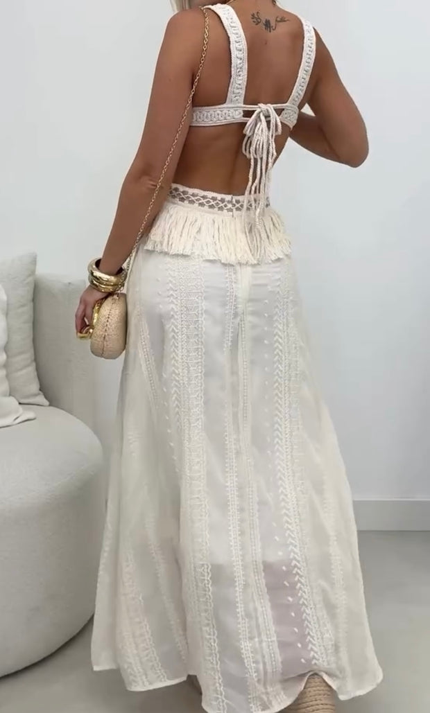 Dignified Hollow Tassel Suspender Stitching Long Dress