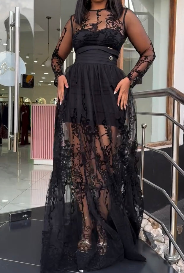 See-through Lace Stitching Lace Long Sleeve Temperament Elegant Dress