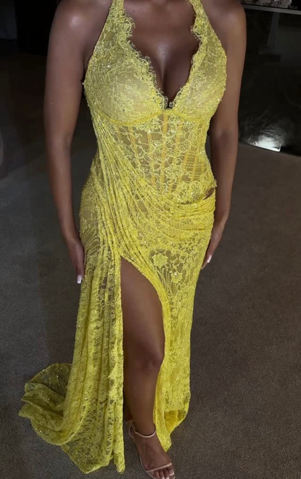 Sexy Halter Lace Chest Wrap Split Dress