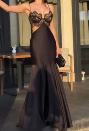 Sexy Sling Lace Chest Wrap Hollow Satin Dress