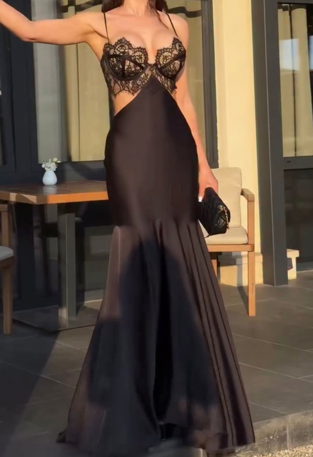 Sexy Sling Lace Chest Wrap Hollow Satin Dress