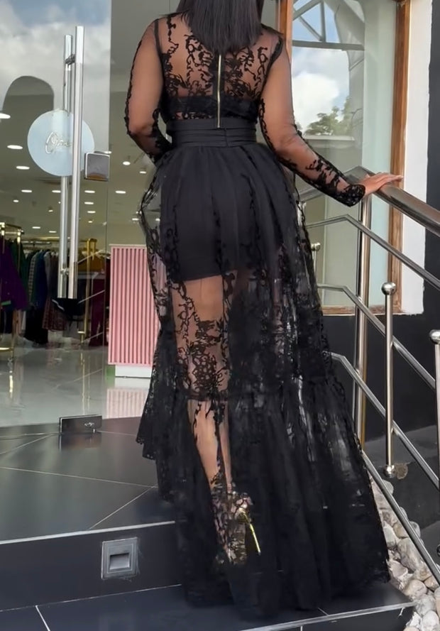 See-through Lace Stitching Lace Long Sleeve Temperament Elegant Dress