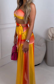 Women's Sexy Temperament Holiday Fashion Tube Top Gradient Pleated Casual Two-Piece Suit Skirt