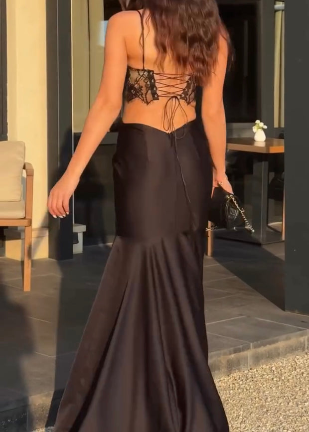 Sexy Sling Lace Chest Wrap Hollow Satin Dress