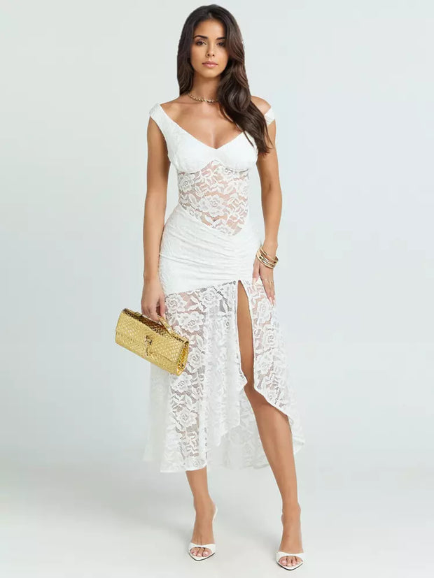 Sexy Deep V Slim Lace High Slit Elegant Dress