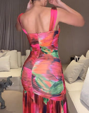 Elegant Spaghetti-Strap Floral Print Fold Split Dress