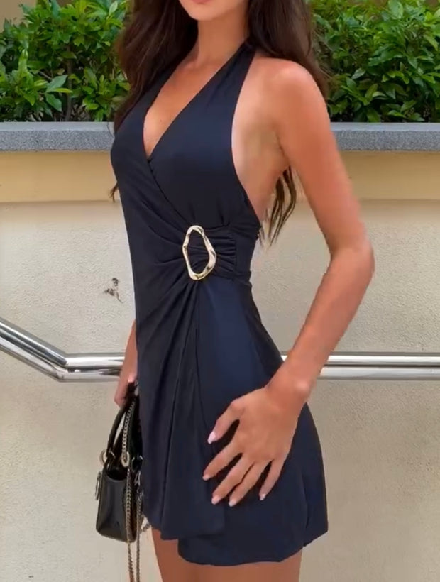 Sexy Pure Color Tied V-neck Slim-Fit Halter Dress