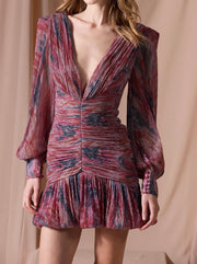 V-neck Pleated Waist Tight Long Sleeve Mesh Fishtail Dress