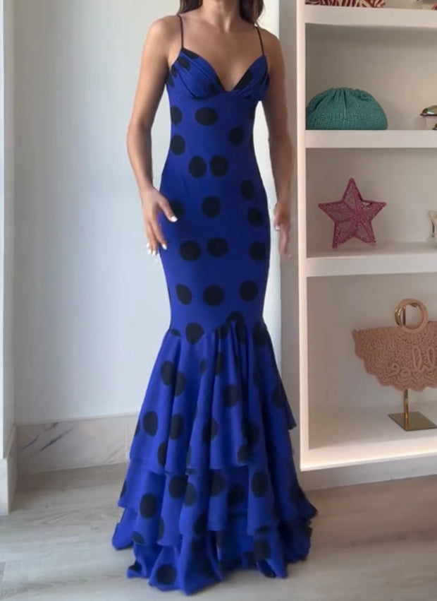 Blue Polka Dots Ruffled Spaghetti Straps Dress