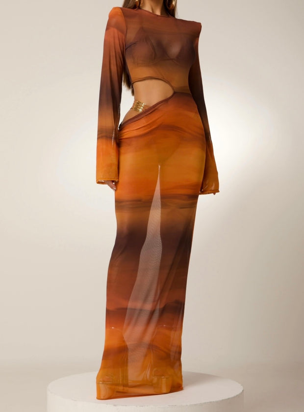 Temperament Cool Long Sleeve Mesh Hollow Dress