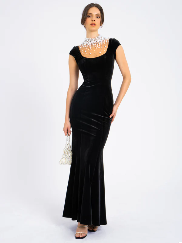 Sexy Noble Slim-Fitting Patchwork Pearl Luxury Dress
