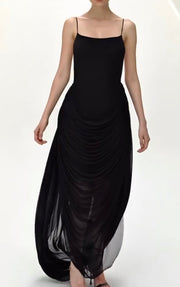 Sling off-Neck Fold Split Slim-Fit Sexy Mesh Dress