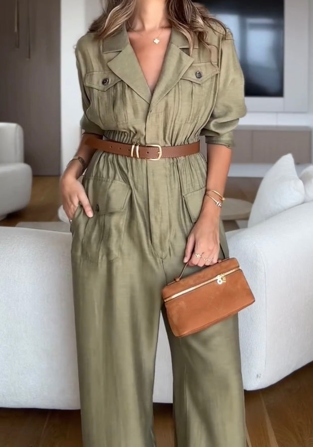 Waist-Tied Leisure Cargo Jumpsuit