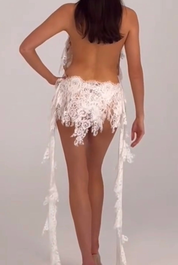 Sexy Halter Lace Deep V Hollow out Bare Back Mini Skirt