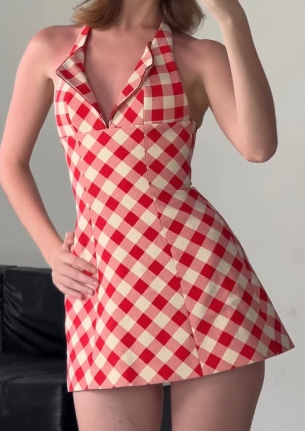 Plaid Strapless Lace-up Halter Slim Fit A- line Dress