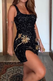 Sexy Sleeveless U-Neck Slim-Fit Sequined Beads Shiny Dress