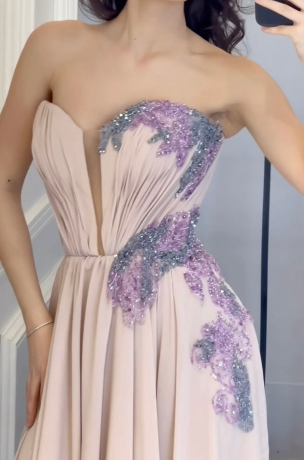 Fashionable Elegant Tube Top Beads Rhinestones Pleated Dress