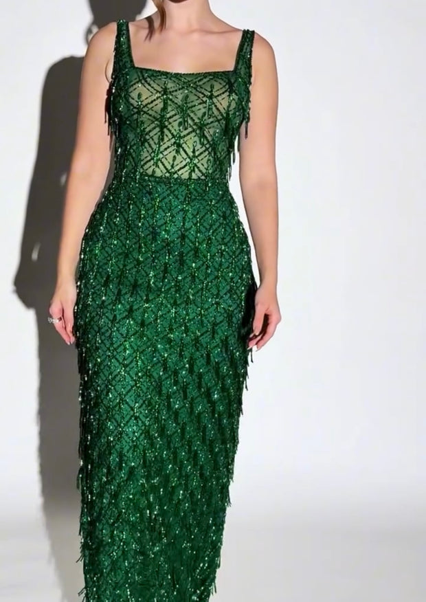Sexy Strap Beaded Backless Pendant Dress