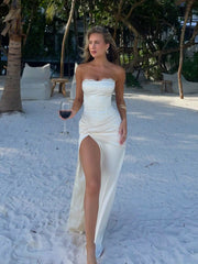 Sexy Sleeveless Lace Tube Top Cinched Waist Slit Dress