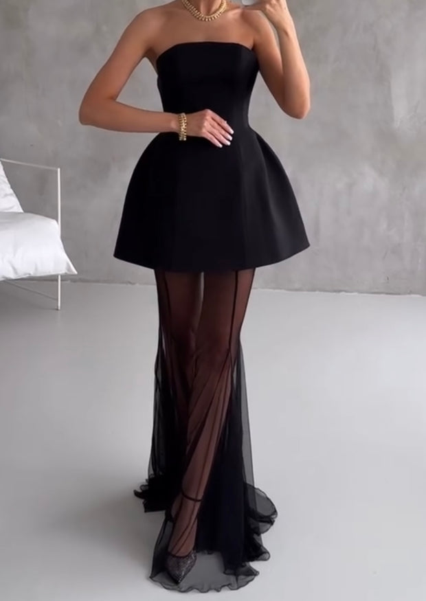 Sexy Tube Top Waist Stitching Mesh Long Dress