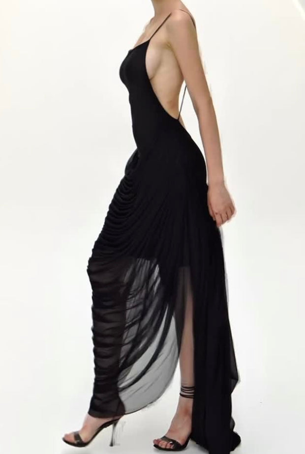 Sling off-Neck Fold Split Slim-Fit Sexy Mesh Dress