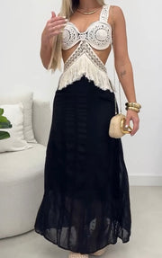 Dignified Hollow Tassel Suspender Stitching Long Dress