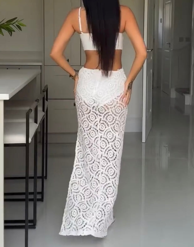 Sexy Spaghetti Straps Chest Wrap Lace Stitching Hollow-out Dress