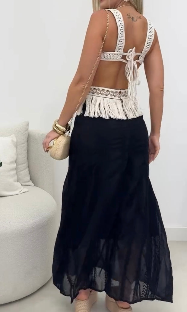 Dignified Hollow Tassel Suspender Stitching Long Dress