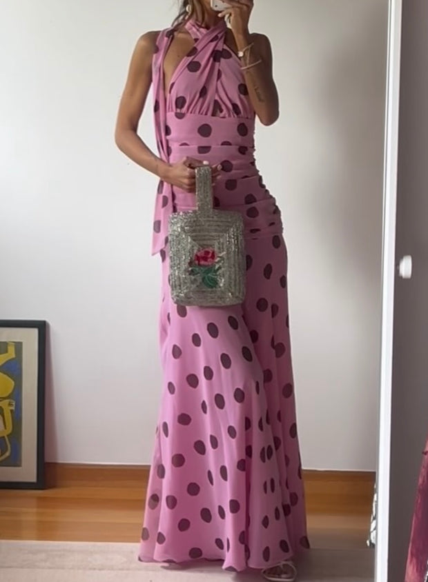 Fashion Sexy Polka-Dot Self-Tie Halter Dress