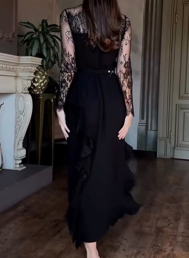 Embroidered Lace Waist Stacked Petal Fishtail Dress