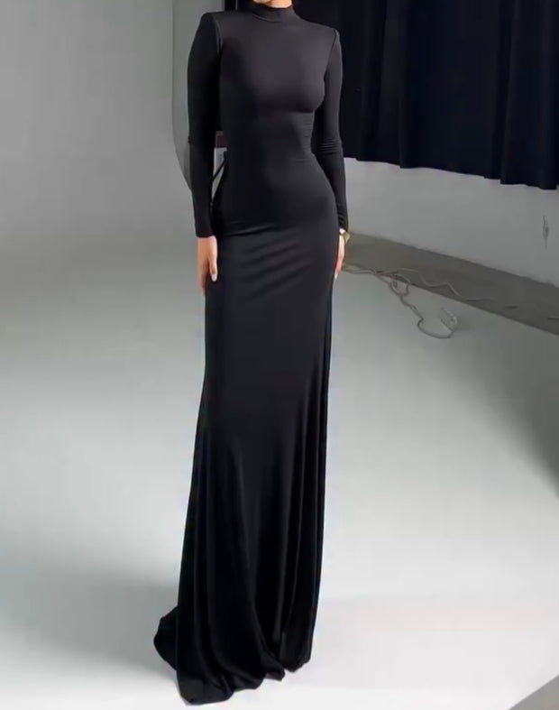 Solid Color Casual Turtleneck Long Sleeve Slim Fishtail Dress