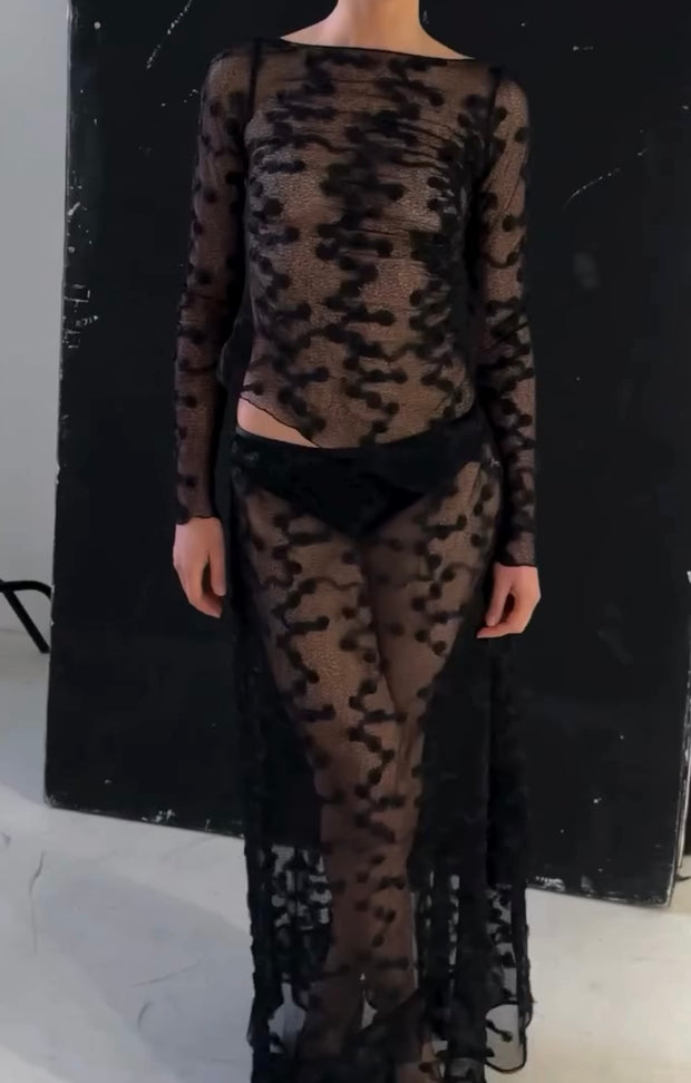 Sexy Lace Long Sleeve Embroidered See-through Long Dress Suit