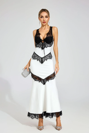 Sexy Deep V Lace Stitching Black and White Dress