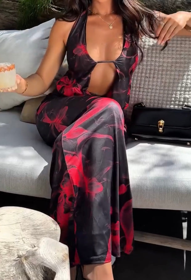 Fashion Sexy Slim V-neck Printed Halter Dress