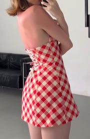Plaid Strapless Lace-up Halter Slim Fit A- line Dress