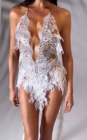 Sexy Halter Lace Deep V Hollow out Bare Back Mini Skirt