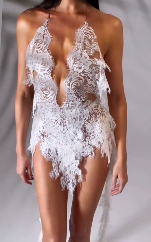 Sexy Halter Lace Deep V Hollow out Bare Back Mini Skirt
