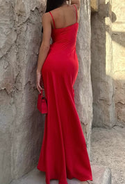 Fashionable Elegant Slim-Fit Flower Ribbon Satin Sling Dress