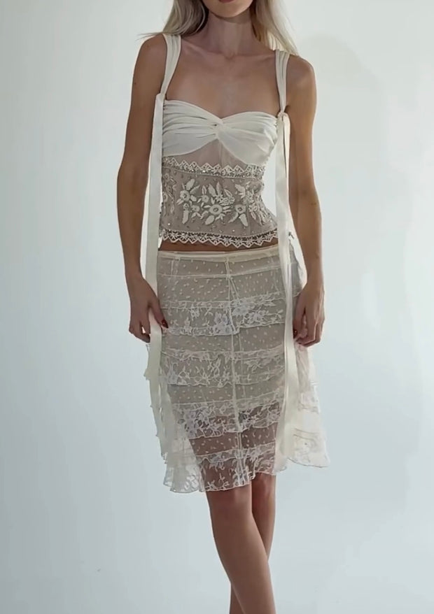 Sexy Spaghetti Straps Chest Wrap Lace Top Lace Slightly See-through Skirt